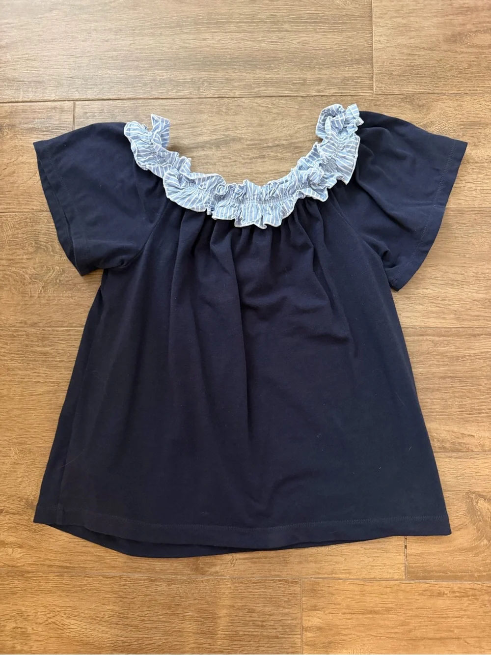 Kate Spade Off-the-Shoulder Ruffle Top in Navy and Light Blue